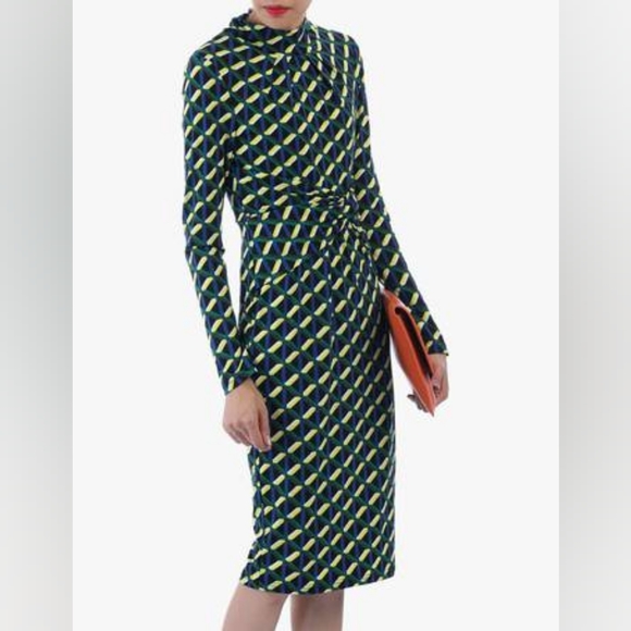 Jolie Moi Twist Front Long Sleeve Dress Geo Pattern UK 12 (US 8) - Picture 2 of 6
